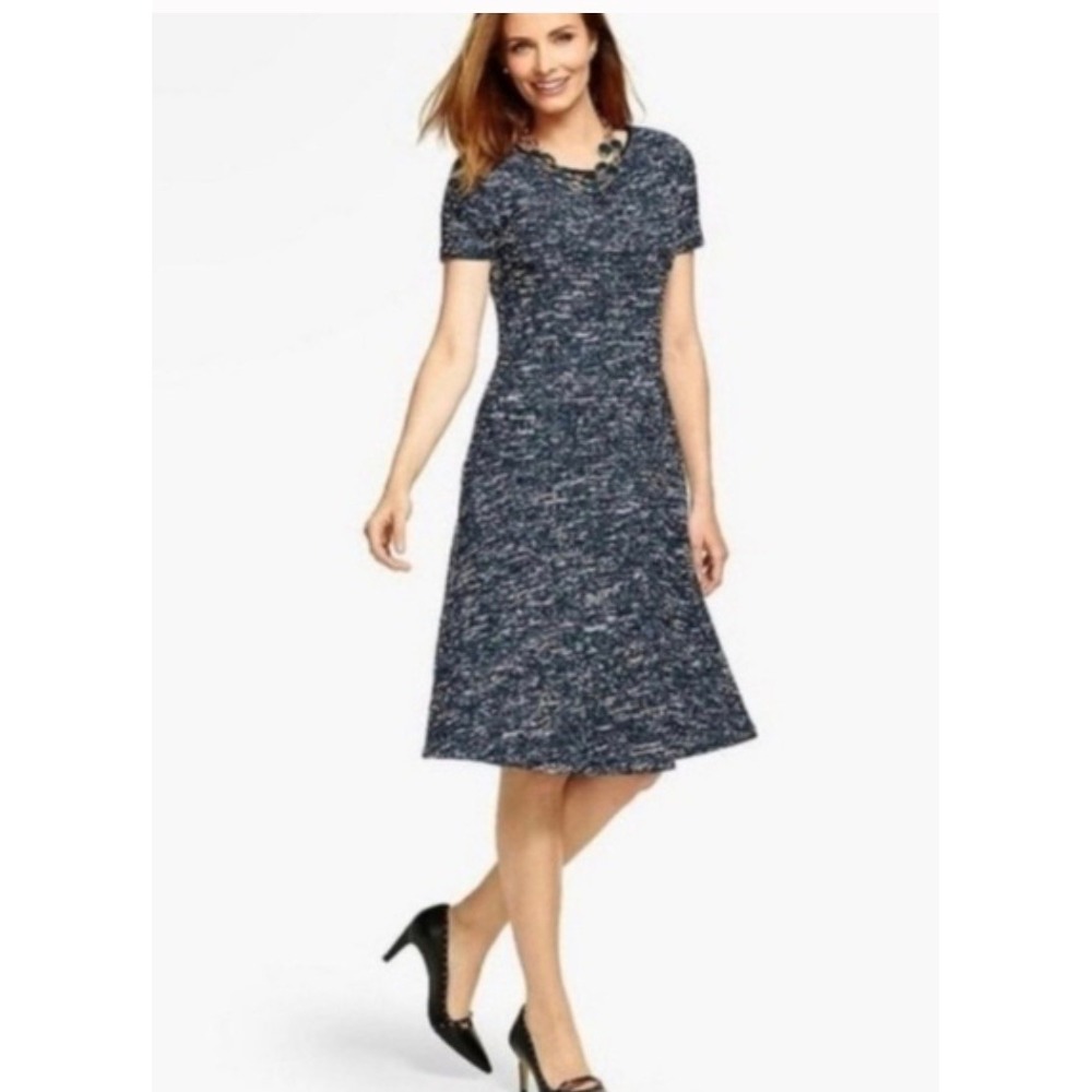 Talbots Petites Women Teal White Tweed Knit Fit Flare Dress Size 8P zipper